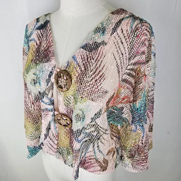 Soft Surroundings Cropped Cardigan Sweater Small Tropical Leaf Mesh-Weave Pink - Picture 3 of 11